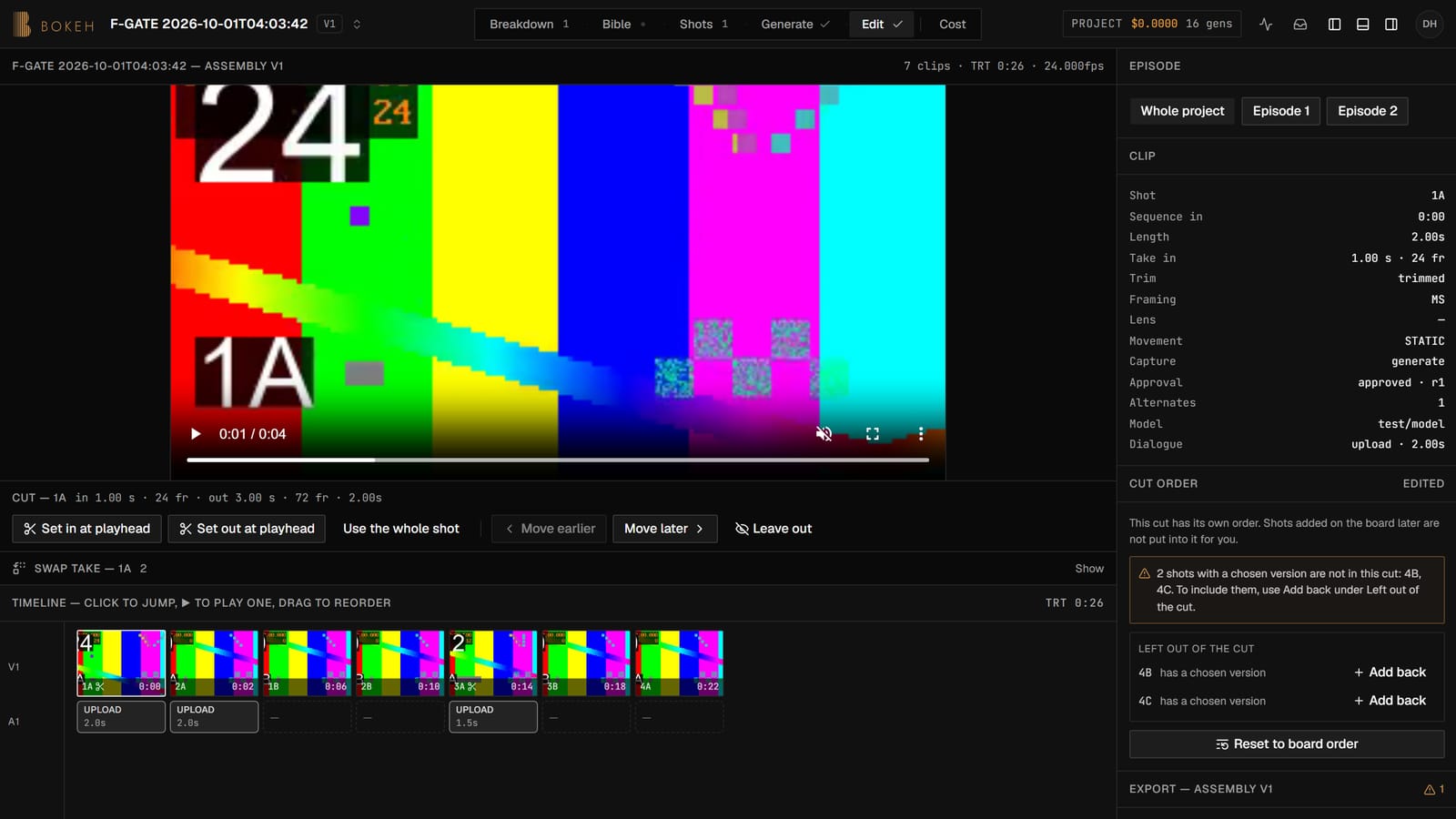 Bokeh Edit stage: a test-pattern take in the player, the selected clip's metadata, the cut order with a warning about shots left out, and the timeline of seven clips
